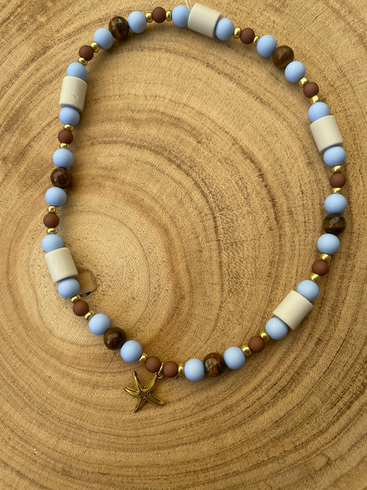 EM- Keramik- Halsband in hellblau/braun/gold